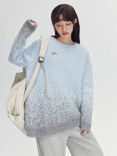 Material: Polyester51% Nylon24.1% Acrylic18.8% Wool1%   Size: SM   Model: 167cm/49kg 　  
 Length Bust Shoulder Sleeve S 76cm 120cm 50cm 59cm M 78cm 124cm 51cm 60cm Trendy Blue Outerwear With Crew Neck, Blue Oversized Crew Neck Outerwear, Oversized Blue Crew Neck Outerwear, Relaxed Fit Light Blue Sweater For Winter, Light Blue Crew Neck Outerwear For Fall, Light Blue Crew Neck Casual Outerwear, Gradient Sweater, Woolen Sweater, Woolen Sweaters