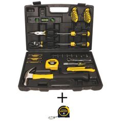 a tool kit with tools in it on a white background next to a black and yellow case