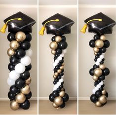 graduation balloon column with black, white and gold balloons in the shape of a graduate's cap