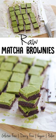 raw matcha brownies cut into squares on a cutting board