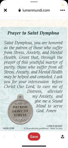 the prayer card for saint dympha is shown on an iphone screen, and there are