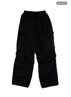 shirred-cotton-banded-pants-unisex-cg420 / Black Black Cotton Parachute Pants With Drawstring, Stretch Cotton Parachute Pants In Techwear Style, Stretch Cotton Techwear Parachute Pants, High Waist Cotton Bottoms For School, Stretch Cotton Bottoms For School, Stretch Cotton Parachute Pants For Streetwear, Trendy Cotton School Bottoms, Trendy Cotton Bottoms For School, Black Stretch Bottoms For School