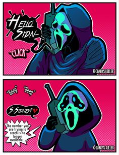 two comics with different colored images and text on the same page, one has a skeleton holding