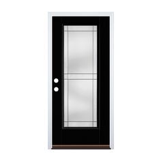 a black door with two glass panels on the top and bottom panel, against a white background