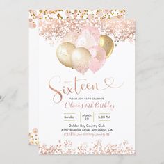 a pink and gold birthday party card with balloons