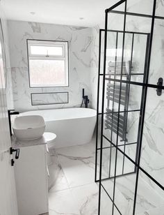 Black Bathroom Renovation From @greenwaysrenovation Small Bath Shower Room, Black Tap Bathroom Ideas, Marble Shower Room Ideas, Bath And Shower Room Ideas, Black En Suite Bathroom, Small Bath Shower Ideas, Bathroom Black Shower Frame, B&q Bathroom Ideas, Black Tile Trim Bathroom