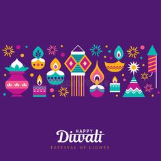 happy diwali festival of lights with colorful decorations and candles on purple background royalty illustration