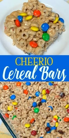 cereal bars with m & m candies on top and the words, cheeto cereal bars