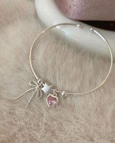 Silver Bracelet Designs, Heart Rhinestone, Pretty Jewelry Necklaces, Bow Bracelet, Open Bangle