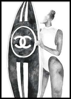 a drawing of a person holding a surfboard in front of their face with the word chanel on it