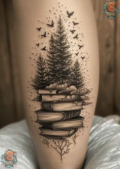 a woman's thigh with books and trees on it