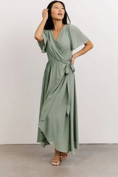 Waverly Wrap Dress | Dusty Sage | Baltic Born Sage Green Modest Bridesmaid Dresses, Bridesmaids Outfits, Carol Dress, Green Wrap Dress, Tea Length Bridesmaid Dresses, Sage Bridesmaid Dresses, Sage Green Bridesmaid Dress, Sage Green Dress, Dusty Sage