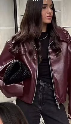 Jackets Fashion Casual, Faux Leather Jacket Women, Cropped Jackets, Burgundy Jacket, Jackets Fashion, Women Overcoat, Summer Pattern, Casual Jackets, Style Streetwear