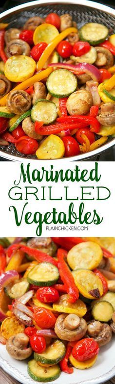 grilled vegetables on a white plate with the title text overlay reads marinated grilled vegetables