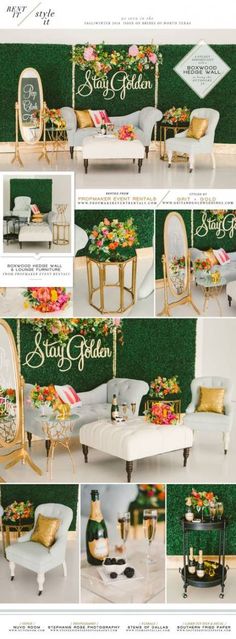 an advertisement for a fancy living room with gold furniture and flowers on the table, along with