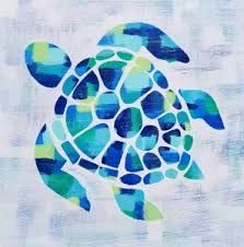 a painting of a sea turtle with blue and green colors