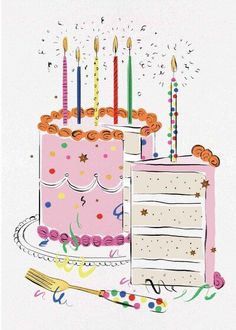 a pink birthday cake with lit candles on it and confetti sprinkles