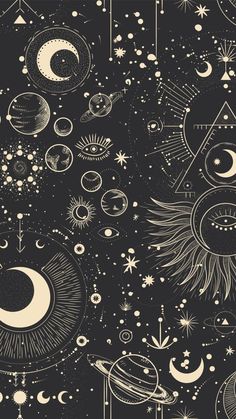 an artistic black and white pattern with sun, planets, stars and other things in the sky