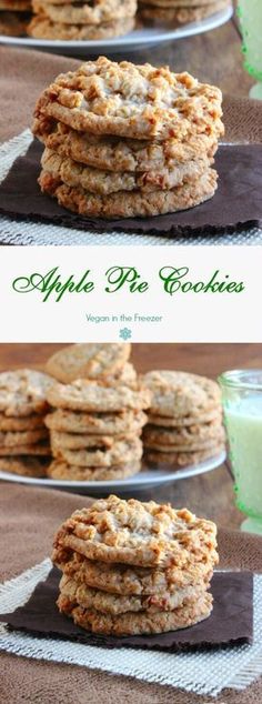 cookies stacked on top of each other next to a glass of green milk and another plate with