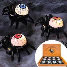 four halloween decorations are shown in the shape of spider's with eyes on them