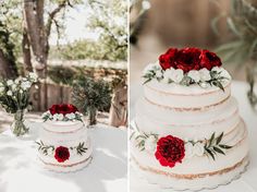 two pictures of a wedding cake with red and white flowers on it, one is decorated with greenery