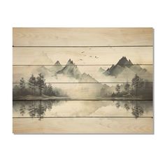 a painting on wood with mountains and trees in the foggy water, painted by an artist