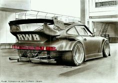 a pencil drawing of a porsche gt3 race car in a garage with the hood up