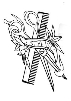 a black and white drawing of scissors and flowers