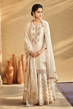 Shop for Matsya White Chanderi Silk Sucha Ekru Aurum Sharara Set for Women Online at Aza Fashions Stylish Lehenga, Embroidered Sharara, Dori Work, Sharara Pants, Golden Embroidery, Punjabi Salwar, Golden Colour, Pakistani Dress, Punjabi Suit