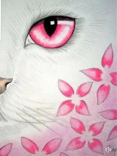 a drawing of a cat's face with pink eyes and flowers in the foreground