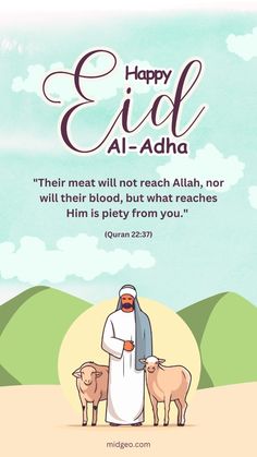 an image of a man with two sheep in front of him and the words happy eid al - adha