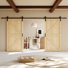 an open sliding door in the middle of a room with a rug on the floor