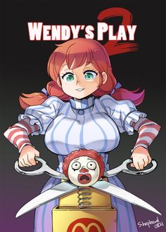 a cartoon character with scissors on top of a box and the title wendy's play 2