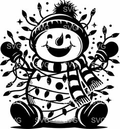 a black and white drawing of a snowman with leaves on it's head