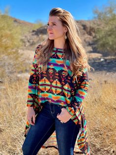 Dakota Hi-Low top – The Feisty Bull Boutique Multicolor Boho Print Tops For Fall, Patterned Tops For Fall Festival, Patterned Fall Festival Tops, Multicolor Festival Tops For Fall, Colorful Long Sleeve Tops For Fall, Colorful Pattern Long Sleeve Tops For Fall, Colorful Pattern Long Sleeve Fall Tops, Casual Long Sleeve Tops For Festival, Multicolor Geometric Pattern Top For Fall