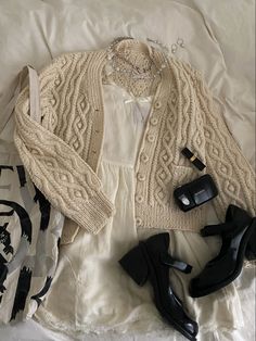 Couquette Girl Outfit, Coquette Dress With Cardigan, Chanel Clothing Aesthetic, Cream Coquette Outfit, Croquettes Aesthetic Outfits, Soft-girl Aesthetic, Layered Coquette Outfit, Coquette Outfits For Winter, Cute Chanel Outfits