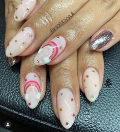 Fun Pink Nail Designs, Disco Ball Nail Art, Nerdy Nail Art, Rainbow Heart Nails, Star Glitter Nails, Valintens Nail Ideas, Pisces Nails Designs, Single Nails, Disco Ball Nails