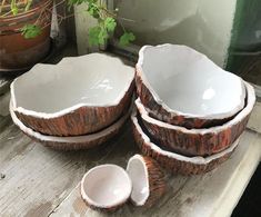 three bowls and two spoons are sitting on a table next to a potted plant