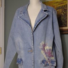 Z.Cavaaricci Washed Denim Jacket With Beautiful Flower Beading Design Front Of Jacket: Armpit To Armpit Almost 24 Inches In Length. Neck Seam To Shoulder Seam 5 1/2 Inches. Top Of Arm Sleeve Seam To The Bottom Of The Cuff Is A Little Over 24 1/2 Inches. Back Of Jacket: Bottom Of Collar Seam To The Bottom Of The Jacket Is 27 1/2 Inches. No Missing Beads, Size Tag Is Missing-Size To Be 2x---See Photos For Measurements. Never Worn. New Without Tags. Beaded Blue Denim Jacket For Spring, Spring Beaded Blue Denim Jacket, Spring Blue Beaded Denim Jacket, Casual Long Sleeve Beaded Outerwear, Vintage Beaded Outerwear For Spring, Beaded Vintage Outerwear For Spring, Spring Vintage Beaded Outerwear, Spring Beaded Denim Outerwear, Spring Blue Beaded Outerwear