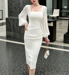 Lasaky - Pleated Waist Lantern Bubble Long Sleeve White Dress with Square Neckline Lantern Dress, Solid Midi Dress, Mid Skirt, Office Dresses For Women, White Long Sleeve Dress, Lantern Sleeve Dress, White Dress Party, Sleeves Clothing, Elegant Chic