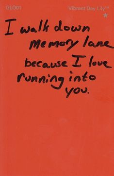 graffiti written on the side of a red wall with words in black writing that read, i walk down memory lane because i love running into you