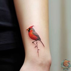 a small red bird tattoo on the ankle