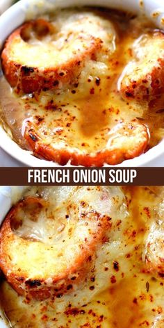 two pictures of french onion soup in a white bowl