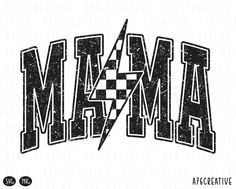 an image of the word mamma in black and white with a checkered flag