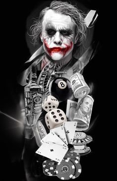 the joker with casino chips and dices in his hands, on a black background