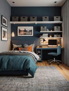 a bedroom with a bed, desk and shelves on the wall next to each other