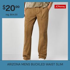 Keep your look casual and tailored with this pair of men's Arizona pants. Cut for a slim-fit, they have a belted elastic waistband, side and back pockets, and straight legs. Style yours with a plaid button-down and sneakers.Front Style: Flat FrontFeatures: Stretch Fabric, BeltedClosure Type: BuckleFit: Slim FitPockets: 1 Back Slip Pocket, 2 Front Slip PocketsRise: At WaistFiber Content: 98% Cotton, 2% SpandexFabric Description: TwillLining: UnlinedInseam: 32 InCare: Machine Wash, Tumble DryCoun… Casual Straight Leg Bottoms With Belt, Casual Straight Leg Pants With Belt, Casual Fitted Pants With Belt, Casual Business Belted Pants, Casual Belted Business Casual Pants, Casual Belted Business Pants, Large Pants, Fabric Belt, Slim Fit Pants