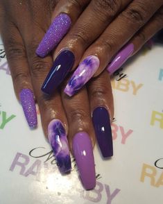 Purple Almond Acrylic Nails, Acrylic Nails Purple, Beach Themed Nails, Purple Nail Art Designs, Purple Glitter Nails, Purple Nail Art, Nails Purple