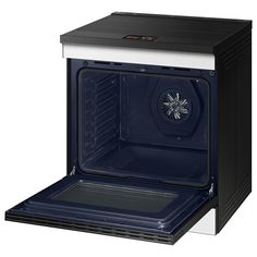 an open black and white oven on a white background