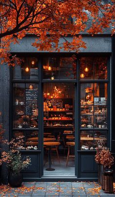 City Cafe Exterior, Autumn Restaurant Decor, Autumn Cafe Coffee Shop, Late Night Cafe Aesthetic, Cozy Bar Aesthetic, Fall Cafe Aesthetic, Exterior Coffee Shop, Vintage Cafe Aesthetic, Cozy Coffee Shop Aesthetic